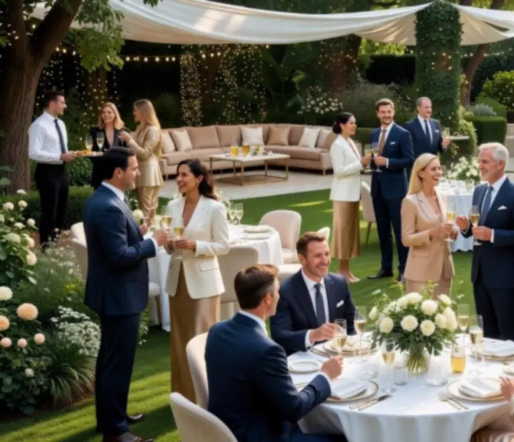Elegancka gala w ogrodzie z rozświetloną sceną i uśmiechniętymi gośćmi