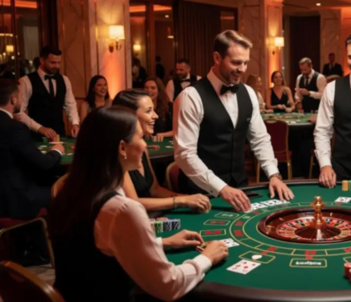 Wieczór firmowy w stylu Casino Royale z atrapami stołów do gry i profesjonalnymi krupierami.