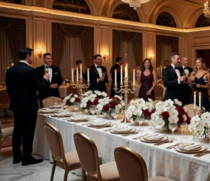 Goście korporacyjnej gali w eleganckiej sali bankietowej