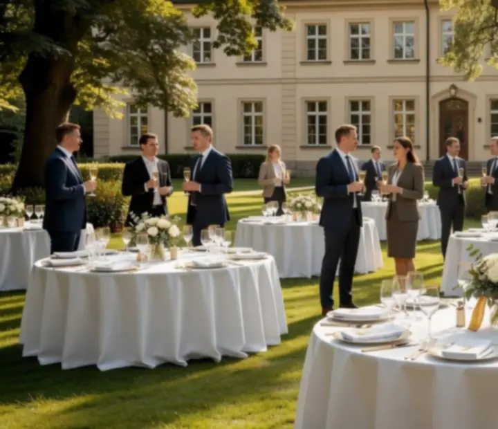 Ekskluzywna aranżacja korporacyjnej gali z oświetleniem i eleganckimi stołami