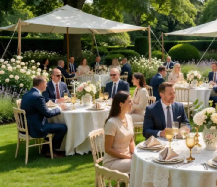 Dzienna gala firmowa Garden Soirée w eleganckim ogrodzie z gośćmi przy okrągłych stołach.