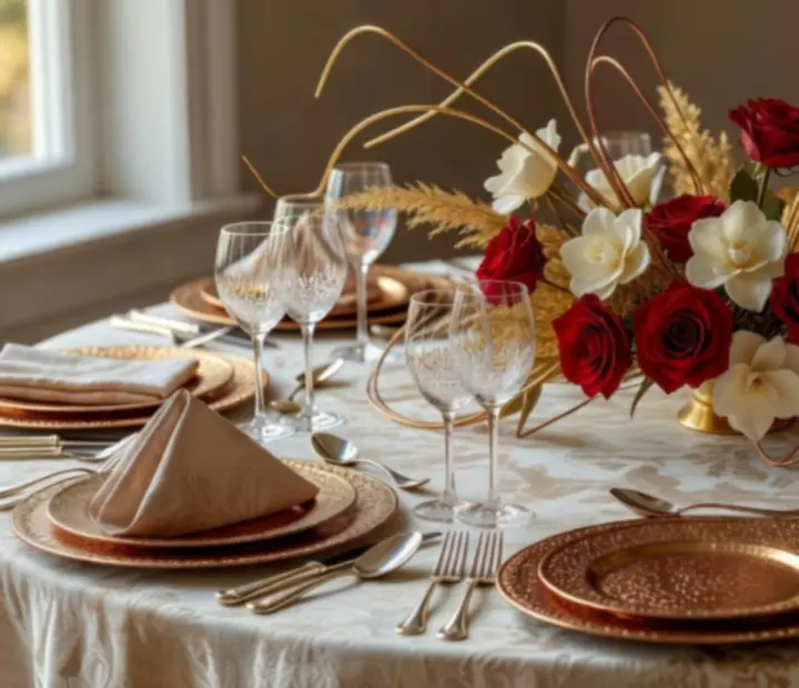 Tematyczna aranżacja stołu z florystyką i elegancką zastawą na gali